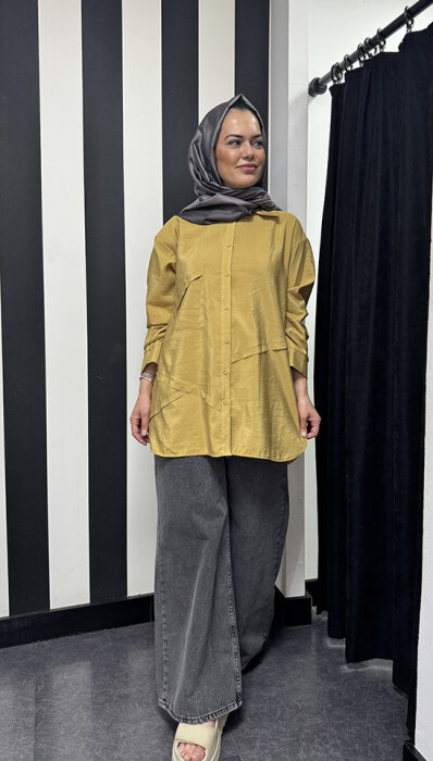 Ceremony Önden Düğmeli Uzun Cep Detaylı Tunik HARDAL - 2