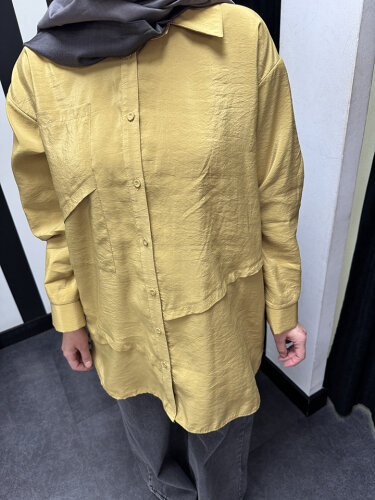 Ceremony Önden Düğmeli Uzun Cep Detaylı Tunik HARDAL - 3