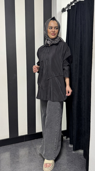 Ceremony Önden Düğmeli Uzun Cep Detaylı Tunik SİYAH - 1