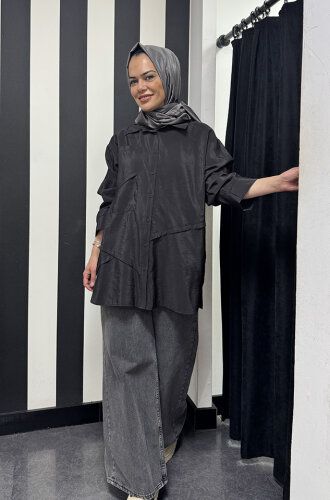 Ceremony Önden Düğmeli Uzun Cep Detaylı Tunik SİYAH - 2