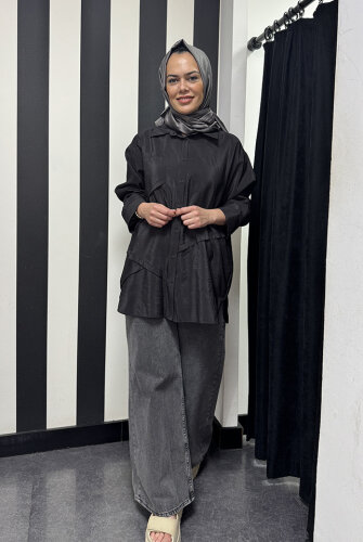 Ceremony Önden Düğmeli Uzun Cep Detaylı Tunik SİYAH - 3