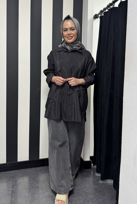 Ceremony Önden Düğmeli Uzun Cep Detaylı Tunik SİYAH - 3