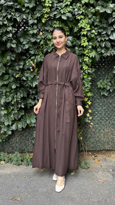 Ceremony Önden Fermuarlı Tek Kolu Taş Detay İçten Kemerli Kap KAHVE - 1