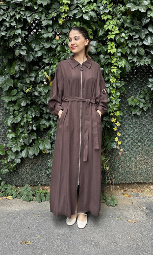 Ceremony Önden Fermuarlı Tek Kolu Taş Detay İçten Kemerli Kap KAHVE - 2