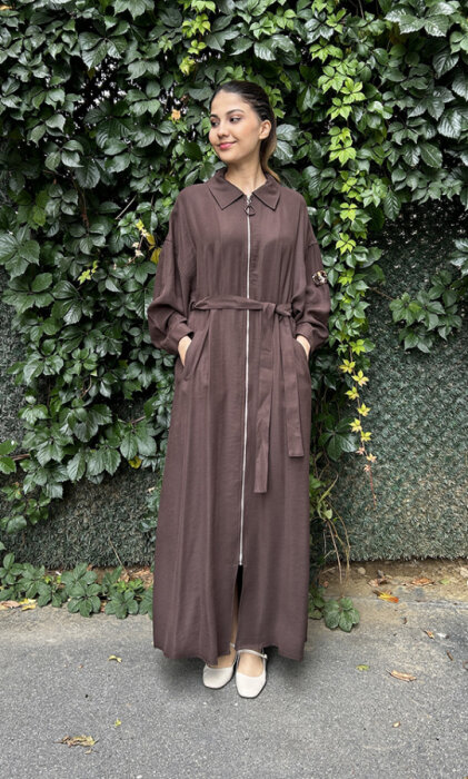 Ceremony Önden Fermuarlı Tek Kolu Taş Detay İçten Kemerli Kap KAHVE - 2