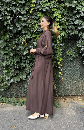 Ceremony Önden Fermuarlı Tek Kolu Taş Detay İçten Kemerli Kap KAHVE - 3