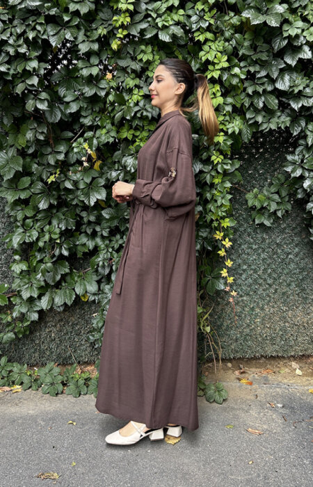 Ceremony Önden Fermuarlı Tek Kolu Taş Detay İçten Kemerli Kap KAHVE - 3