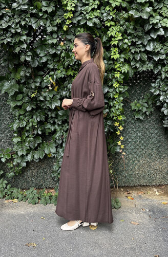 Ceremony Önden Fermuarlı Tek Kolu Taş Detay İçten Kemerli Kap KAHVE - 4