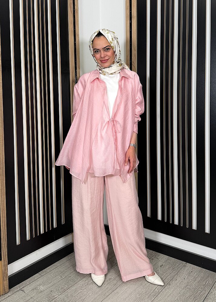 Ceremony Önden İki Kat ve Bağlamalı Nil Bluz PEMBE - 3