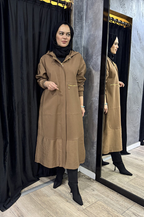 Ceremony Önden Patlı Cepleri Fermuarlı Kapüşonlu Dubai Garnili Çelik Kap CAMEL - 1