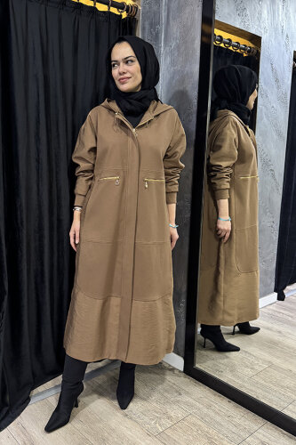 Ceremony Önden Patlı Cepleri Fermuarlı Kapüşonlu Dubai Garnili Çelik Kap CAMEL - 2