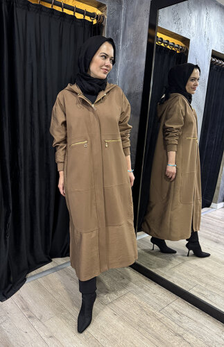 Ceremony Önden Patlı Cepleri Fermuarlı Kapüşonlu Dubai Garnili Çelik Kap CAMEL - 3