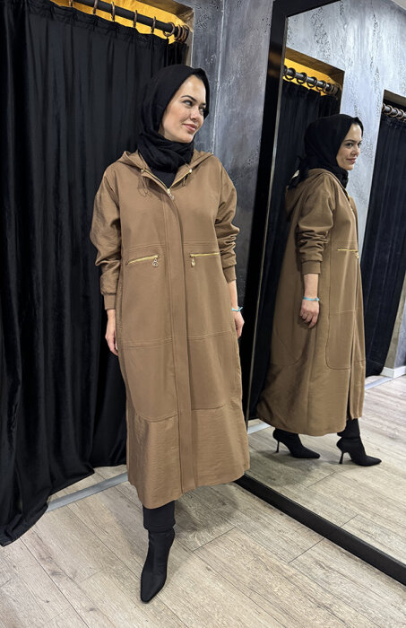 Ceremony Önden Patlı Cepleri Fermuarlı Kapüşonlu Dubai Garnili Çelik Kap CAMEL - 3