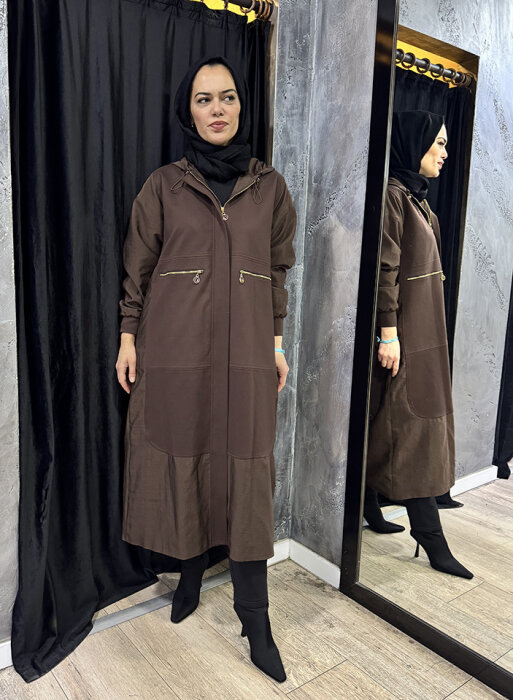 Ceremony Önden Patlı Cepleri Fermuarlı Kapüşonlu Dubai Garnili Çelik Kap KAHVERENGİ - 1