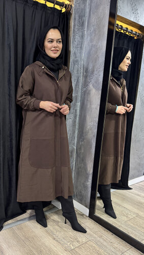 Ceremony Önden Patlı Cepleri Fermuarlı Kapüşonlu Dubai Garnili Çelik Kap KAHVERENGİ - 2