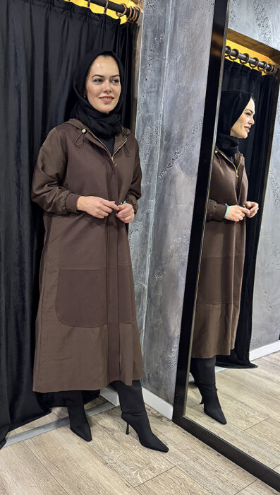 Ceremony Önden Patlı Cepleri Fermuarlı Kapüşonlu Dubai Garnili Çelik Kap KAHVERENGİ - 2