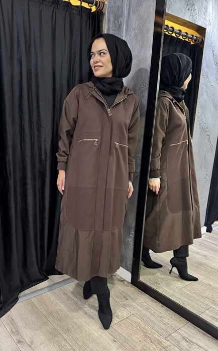 Ceremony Önden Patlı Cepleri Fermuarlı Kapüşonlu Dubai Garnili Çelik Kap KAHVERENGİ - 3