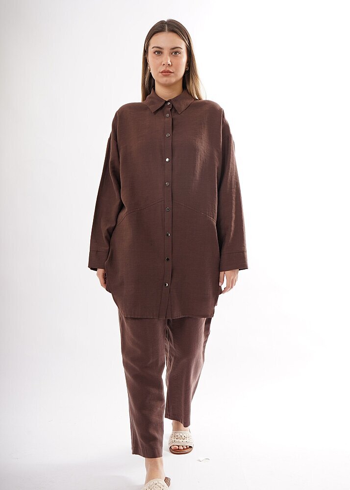 Ceremony Önü Çıtçıtlı Aller Detaylı Keten Pantolonlu Takım KAHVERENGİ - 1