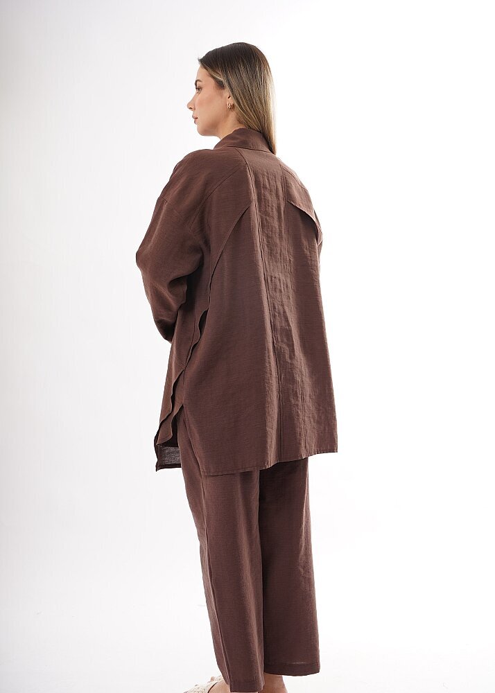 Ceremony Önü Çıtçıtlı Aller Detaylı Keten Pantolonlu Takım KAHVERENGİ - 2