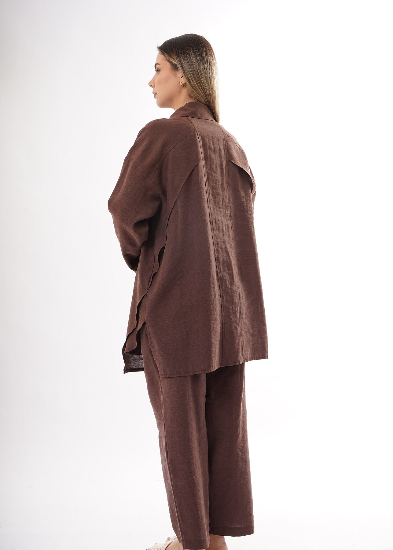 Ceremony Önü Çıtçıtlı Aller Detaylı Keten Pantolonlu Takım KAHVERENGİ - 2