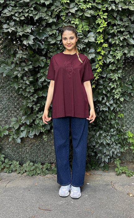 Ceremony Önü İşlemeli Kısa Kollu Bambu Tshirt BORDO - 1