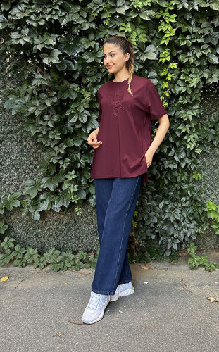 Ceremony Önü İşlemeli Kısa Kollu Bambu Tshirt BORDO - 2