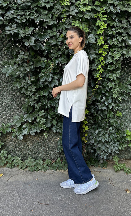 Ceremony Önü İşlemeli Kısa Kollu Bambu Tshirt EKRU - 3