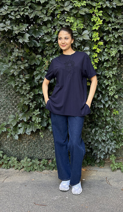 Ceremony Önü İşlemeli Kısa Kollu Bambu Tshirt LACİVERT - 2