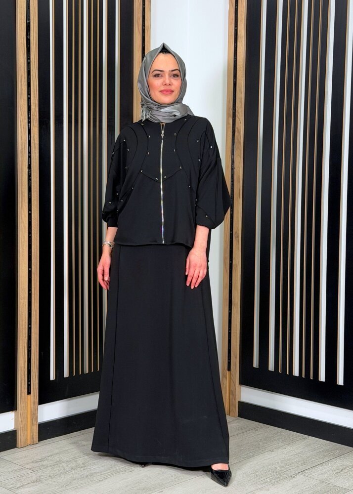 Ceremony Oval Kesikli Taş İşlemeli Bolerolu Adel Takım SİYAH