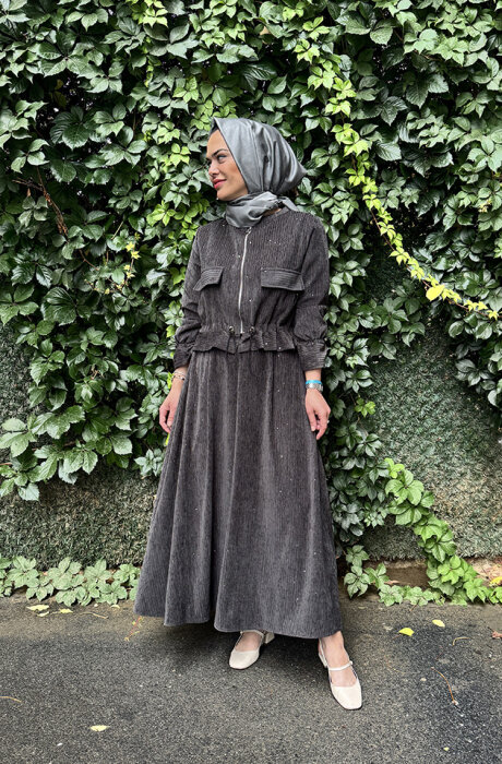 Ceremony Pullu Beli Lastikli Bolerolu Etekli Takım GRİ - 2