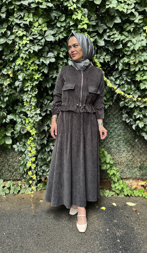 Ceremony Pullu Beli Lastikli Bolerolu Etekli Takım GRİ - 3