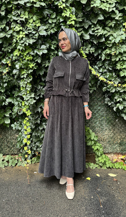 Ceremony Pullu Beli Lastikli Bolerolu Etekli Takım GRİ - 3