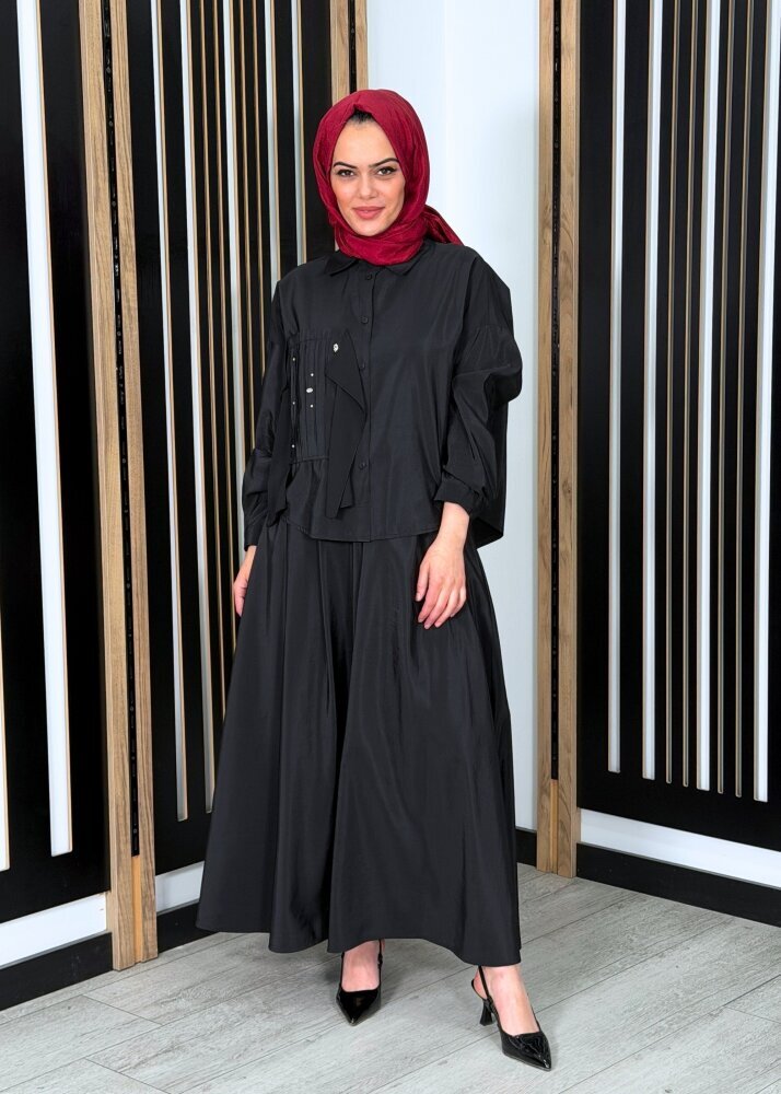 Ceremony Sağ Ön Bedeni Şifon Detaylı Kraş ve Taş Süslemeli Etekli Dubai Takım SİYAH - 2