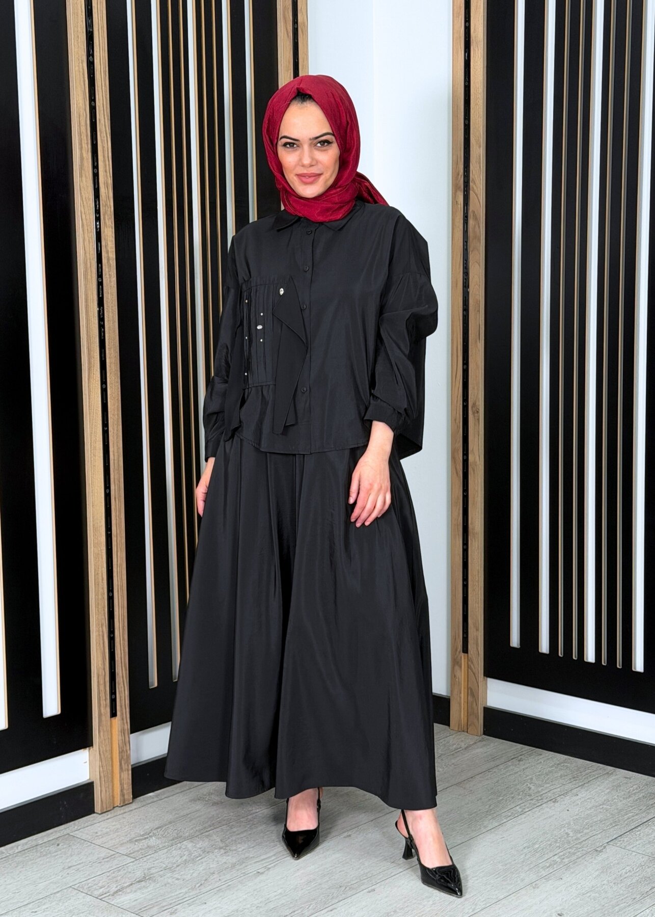 Ceremony Sağ Ön Bedeni Şifon Detaylı Kraş ve Taş Süslemeli Etekli Dubai Takım SİYAH - 2