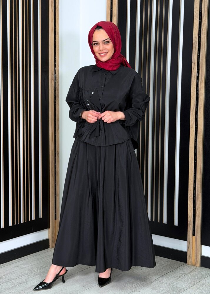 Ceremony Sağ Ön Bedeni Şifon Detaylı Kraş ve Taş Süslemeli Etekli Dubai Takım SİYAH - 3