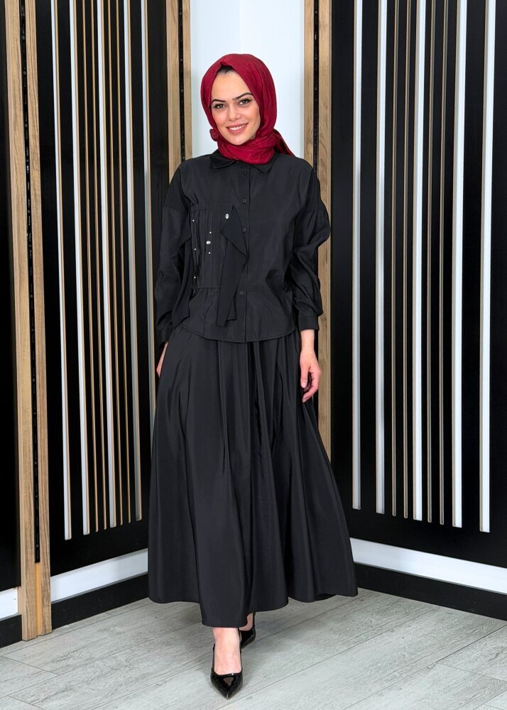 Ceremony Sağ Ön Bedeni Şifon Detaylı Kraş ve Taş Süslemeli Etekli Dubai Takım SİYAH