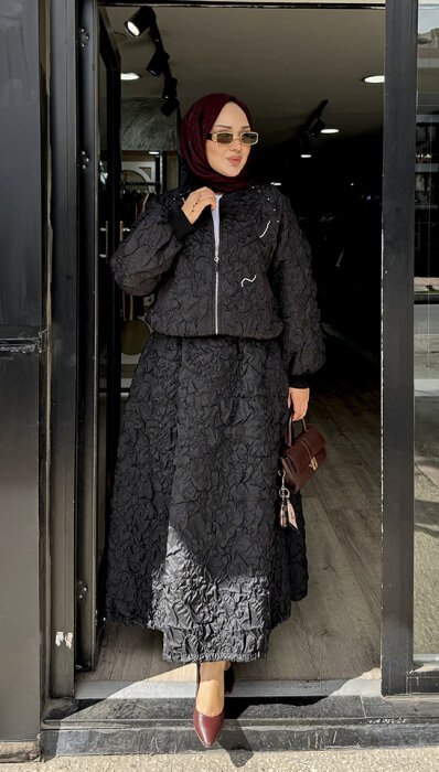 Ceremony Star Desen Büzgülü Etek SİYAH - 4