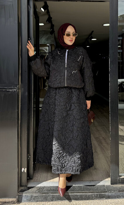 Ceremony Star Desen Büzgülü Etek SİYAH - 5