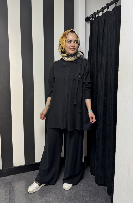 Ceremony Tuniği Önden Düğmeli ve Boncuk İşlemeli Pantolonlu Takım SİYAH - 1