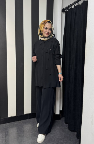 Ceremony Tuniği Önden Düğmeli ve Boncuk İşlemeli Pantolonlu Takım SİYAH - 2