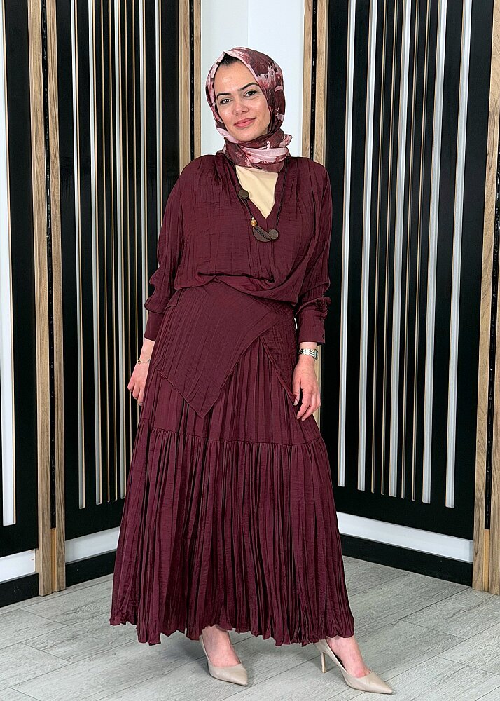 Ceremony Tuniği Tahta Aksesuar Detaylı Etekli Cupra Takım BORDO