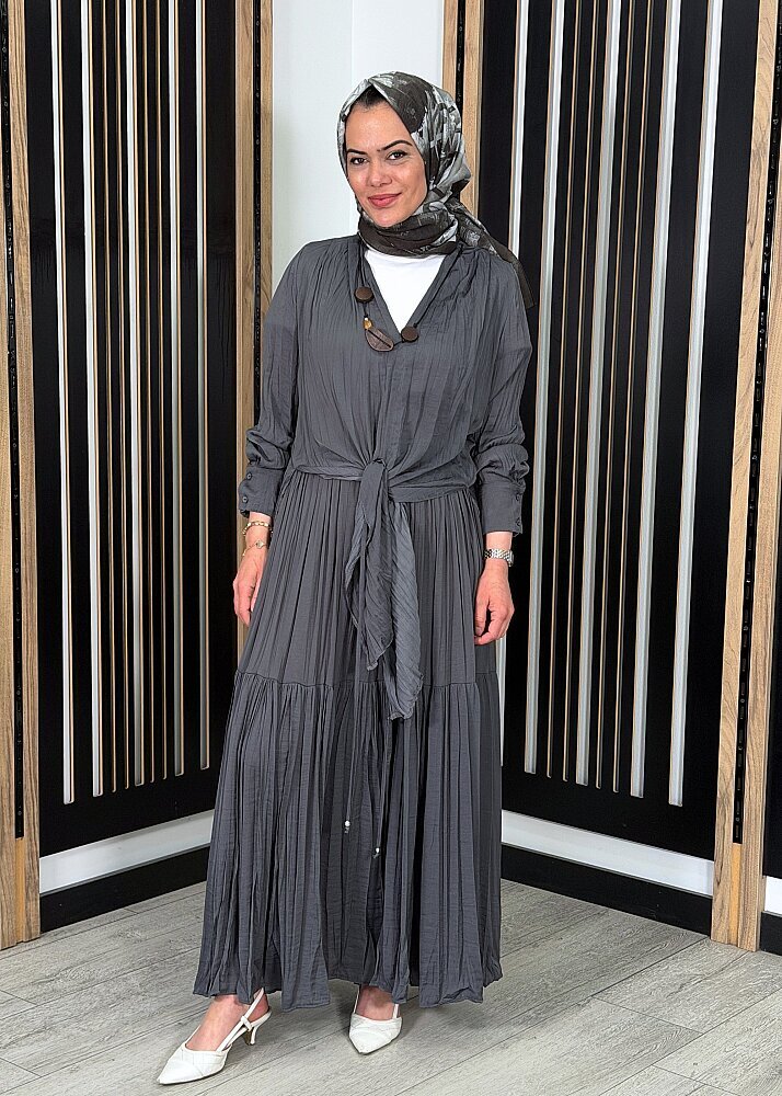 Ceremony Tuniği Tahta Aksesuar Detaylı Etekli Cupra Takım GRİ