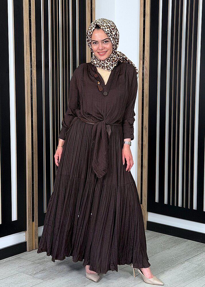 Ceremony Tuniği Tahta Aksesuar Detaylı Etekli Cupra Takım KAHVE