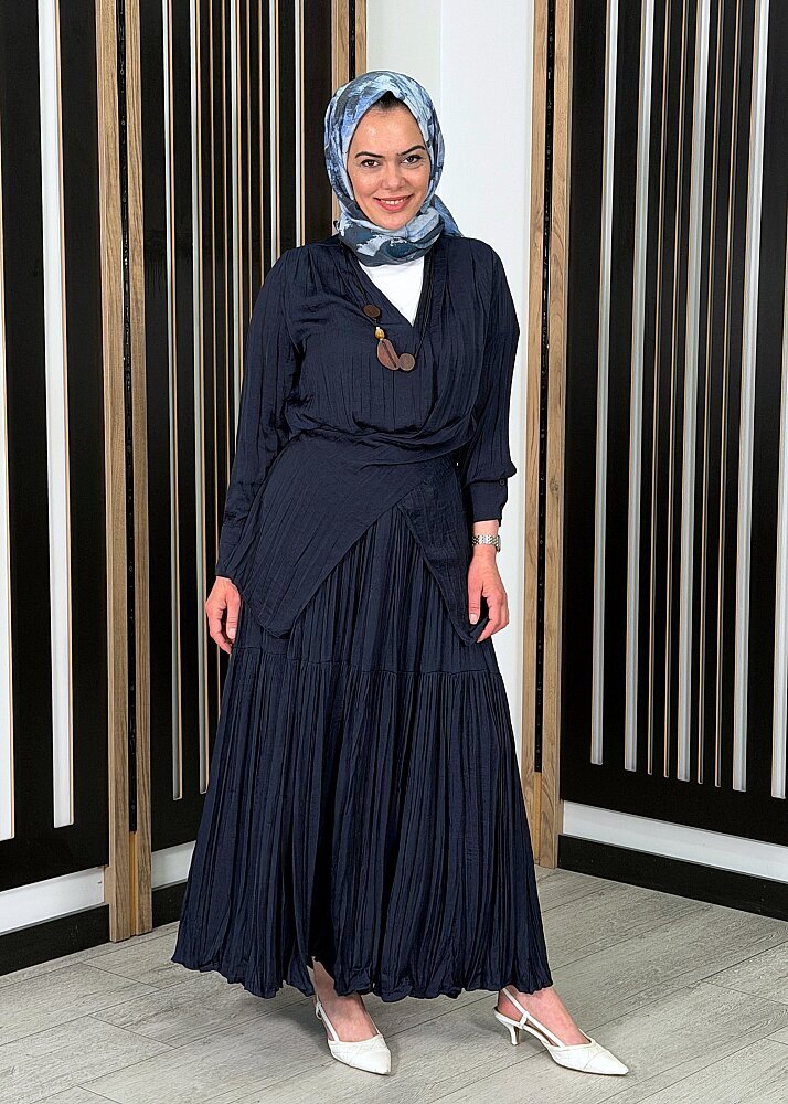 Ceremony Tuniği Tahta Aksesuar Detaylı Etekli Cupra Takım LACİVERT