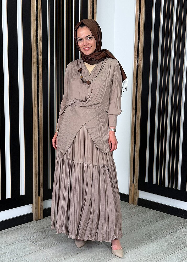 Ceremony Tuniği Tahta Aksesuar Detaylı Etekli Cupra Takım VİZON