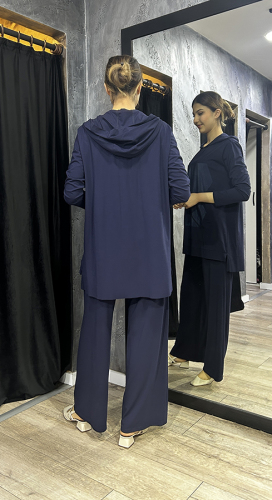 Ceremony Tuniğinin Önü Dubai ve İp Detay Kapüşonlu Bambu Pantolon Takım LACİVERT - 4