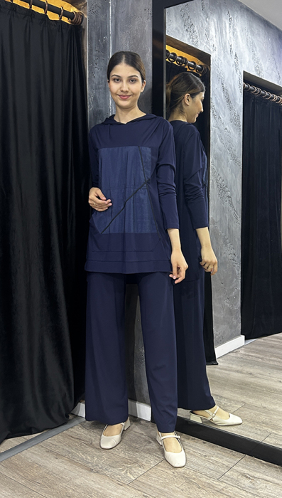 Ceremony Tuniğinin Önü Dubai ve İp Detay Kapüşonlu Bambu Pantolon Takım LACİVERT - 1