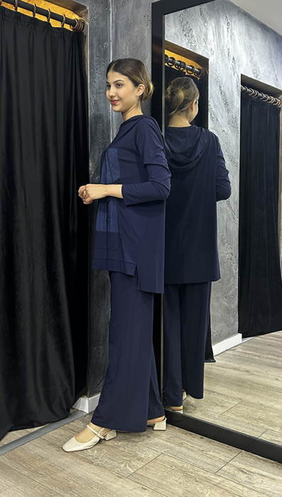 Ceremony Tuniğinin Önü Dubai ve İp Detay Kapüşonlu Bambu Pantolon Takım LACİVERT - 2