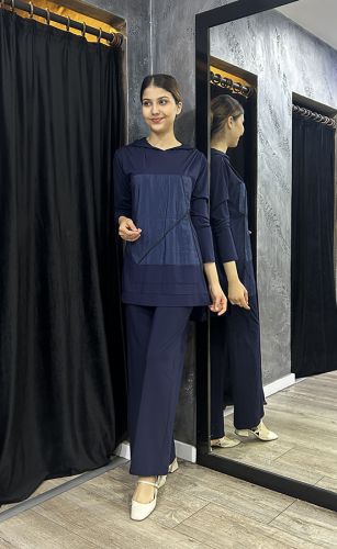 Ceremony Tuniğinin Önü Dubai ve İp Detay Kapüşonlu Bambu Pantolon Takım LACİVERT - 3