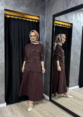 Ceremony Üç Cepli Önden Düğmeli Dubai Kısa Gömlek Kızıl Kahve - 1